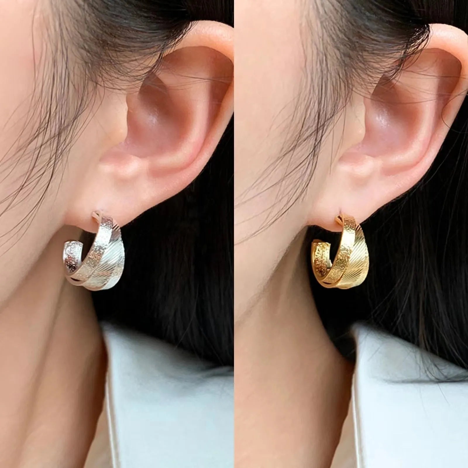 Gold and silver real gold plated women's ear studs, geometric ring shape, 2.0cm high on earlobe