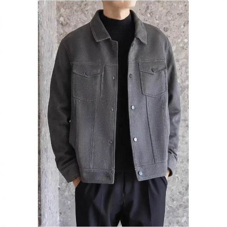 Men's polo collar loose short work shirt in black, gray, khaki with size stick pocket