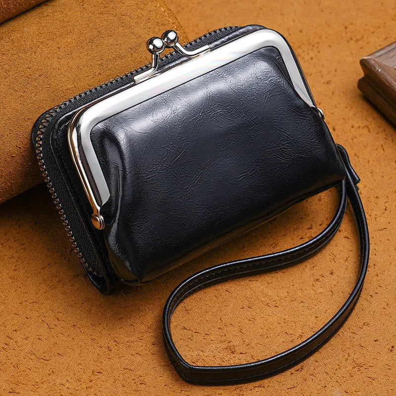 Ladies buckle coin purse with 4-inch metal clip showing zip closure in multiple colour options