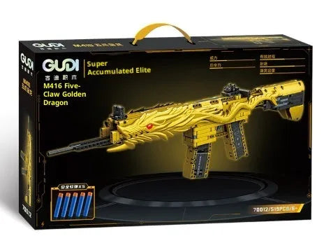 Golden Sand Eagle M416 rifle toy model made from small plastic building blocks, colour box packaging, for teenagers