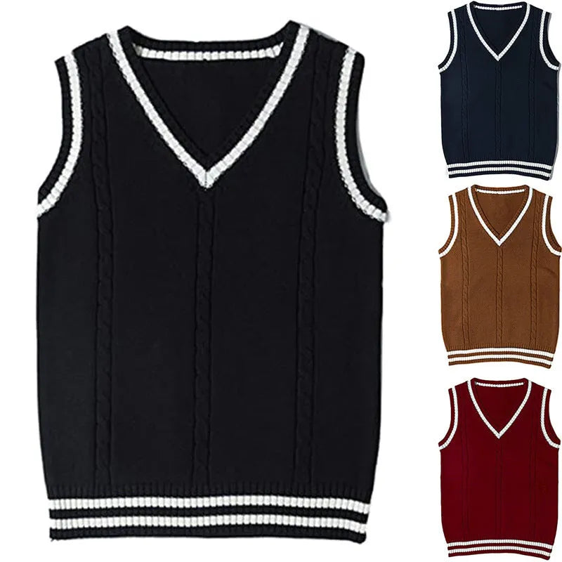 Women's slim fit acrylic V-neck waistcoat sweater with striped stitching in five colour options