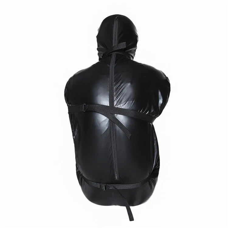 Black patent leather bondage garment with six ratchet tie-down straps for adult restraint