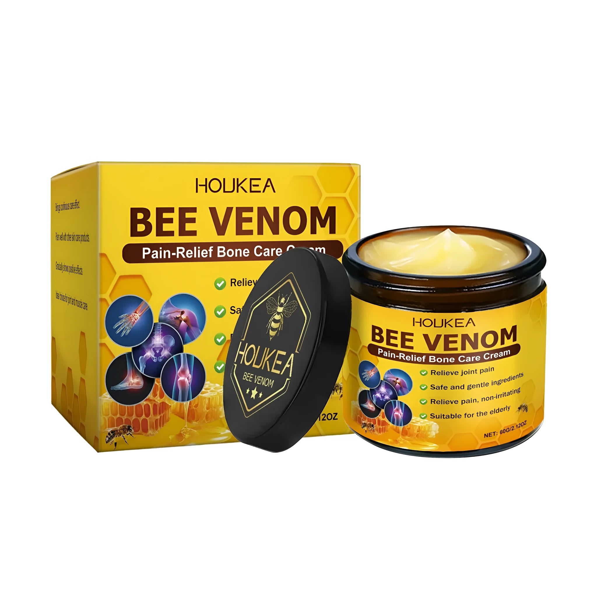 60g tube of HOUKEA bone care repair cream with bee venom and mint leaves for pain relief.
