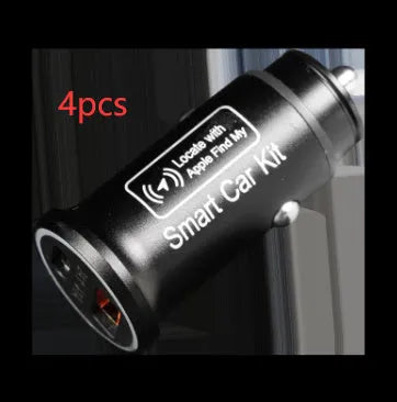 Black car GPS locator with a 12V cigarette lighter plug and a coiled 1.5-metre power cable on a dark surface.