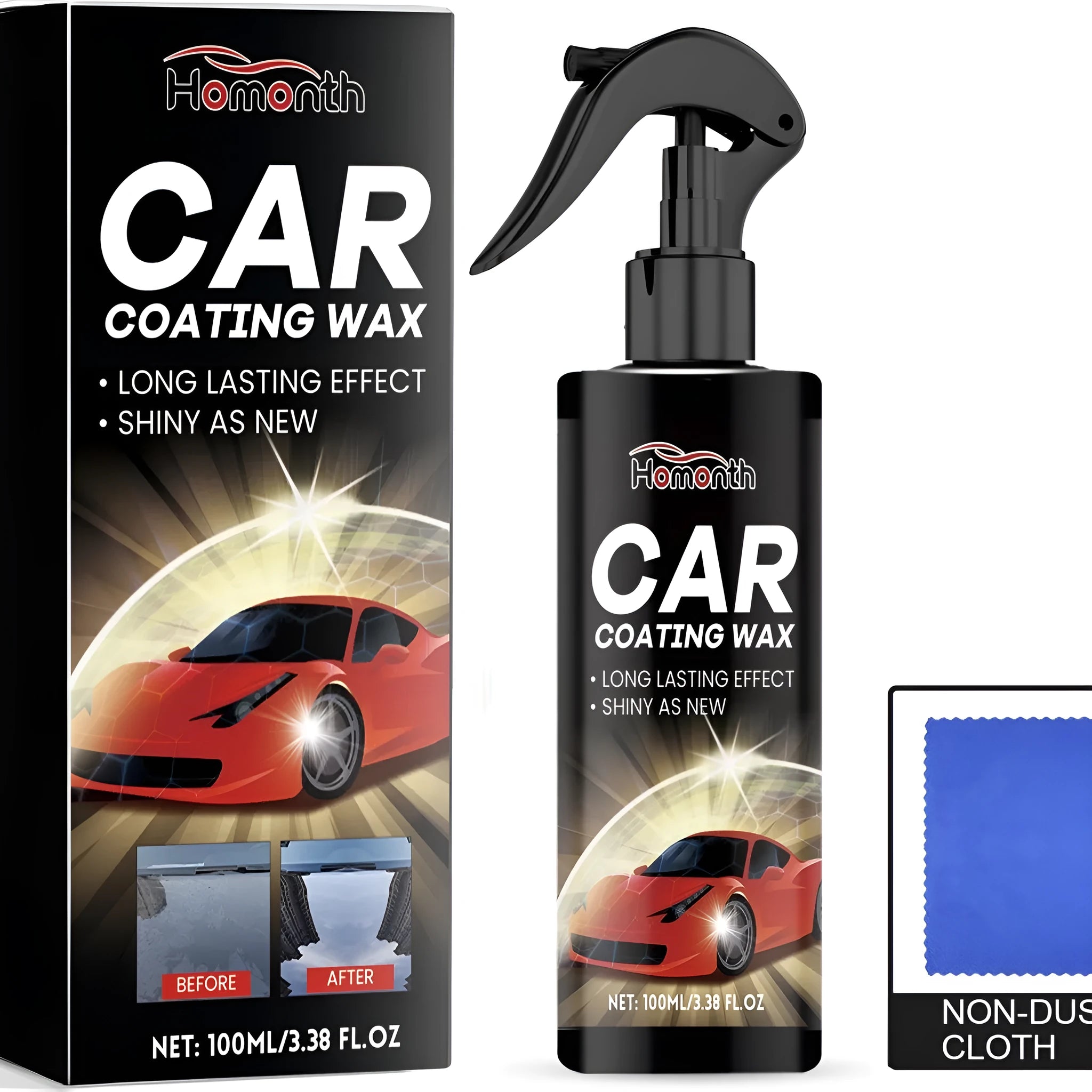 Car coating wax spray bottle and microfibre cloth for paint protection.