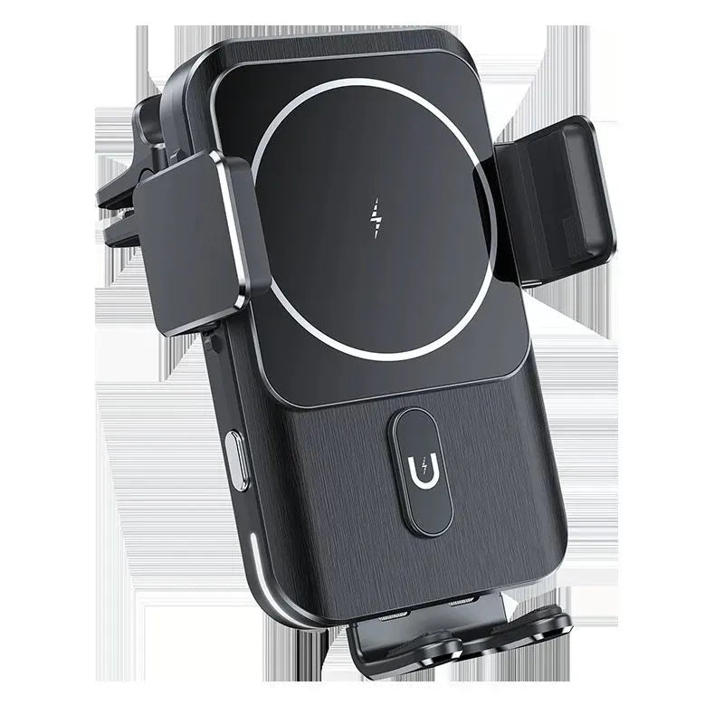Black car wireless phone charging holder with 15W fast charging capability on vehicle dashboard