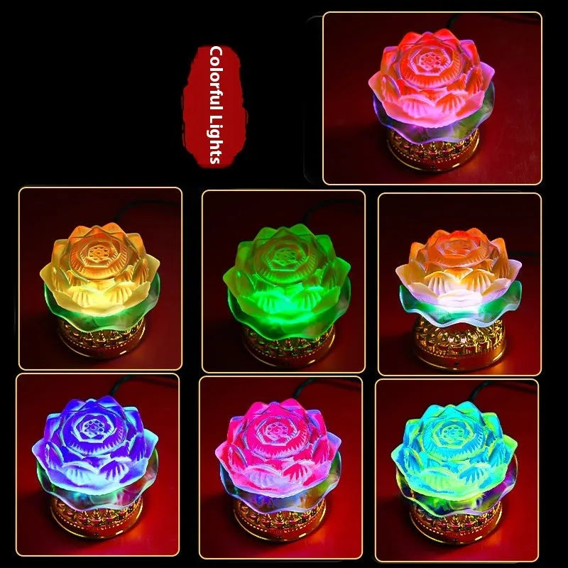 Yellow Chinese style lotus lamp with Buddha design and ABS plastic construction