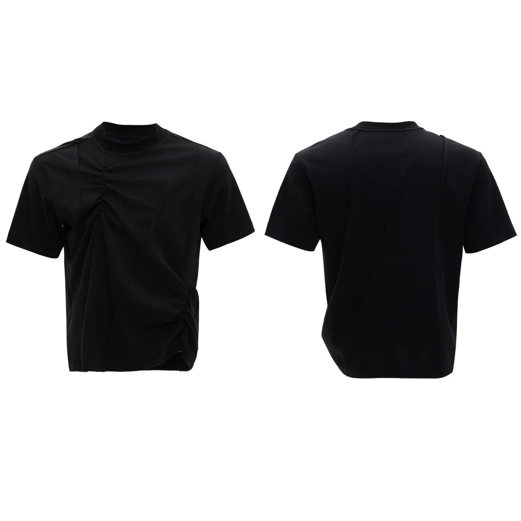 Men's black cotton t-shirt with pleated detail and round neck collar