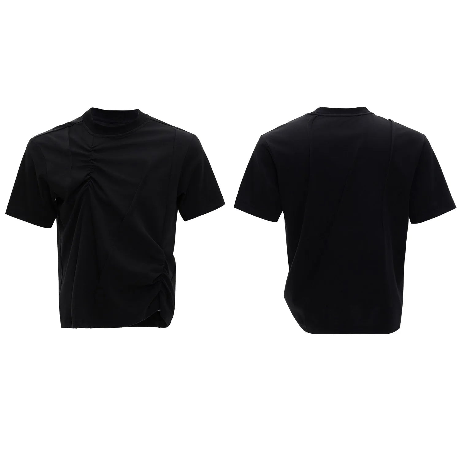 Men's black cotton t-shirt with pleated detail and round neck collar