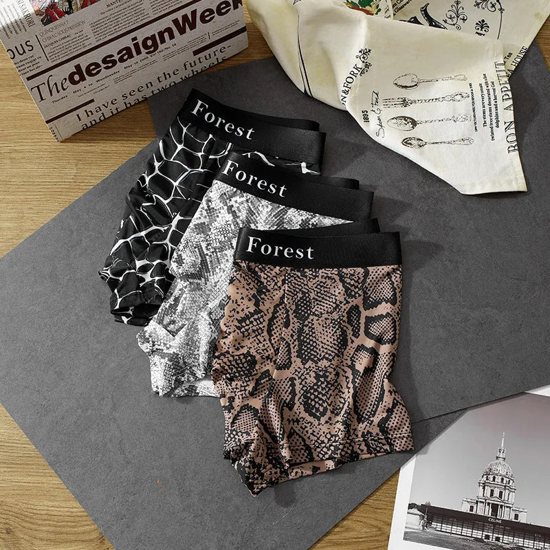 Men's thin loose boxer shorts in black, grey, or brown polyester fabric.