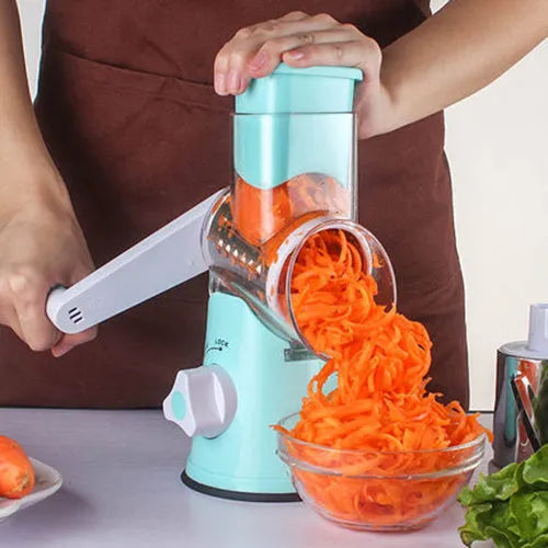 Round manual mandoline vegetable slicer with stainless steel blades in blue green red colour options