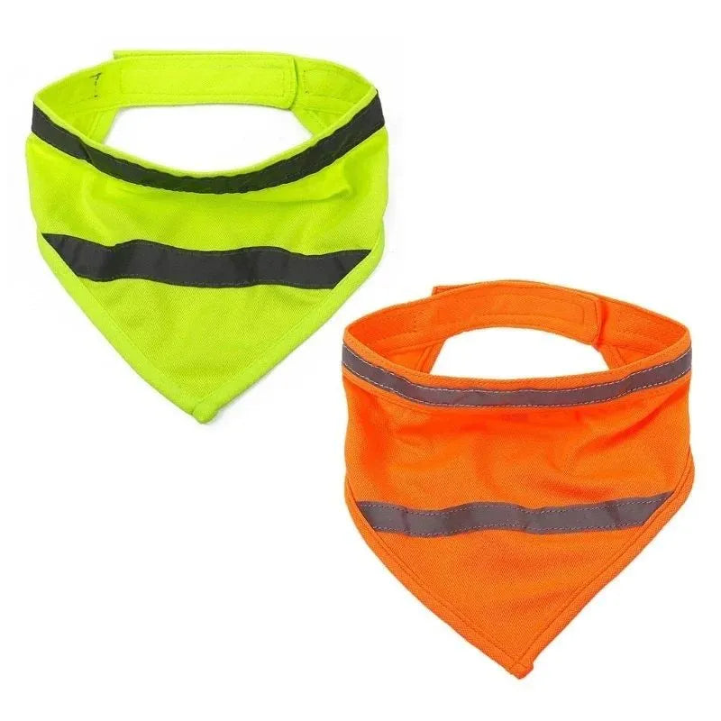 Yellow and orange reflective dog bandana with adhesive strap, shown in small, medium, and large sizes.