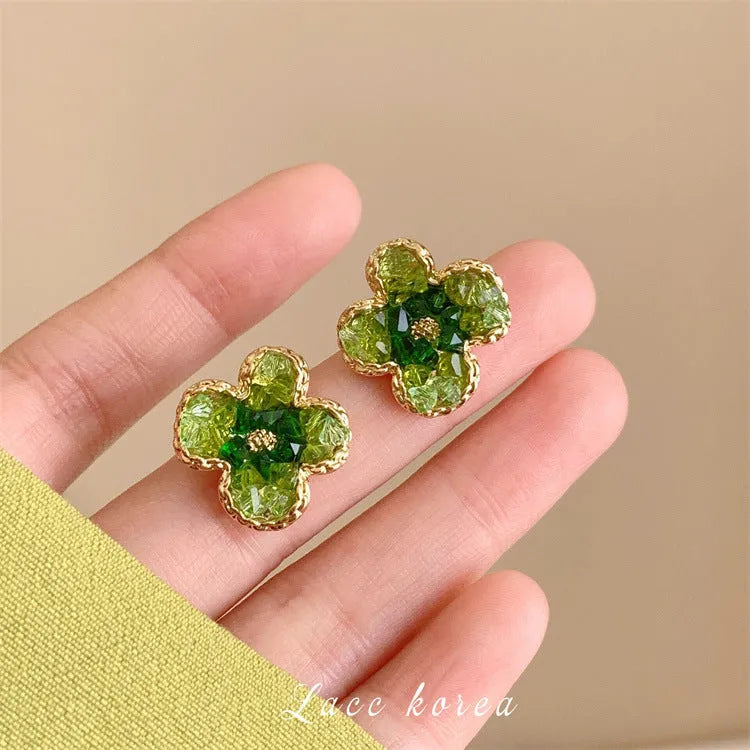 Camellia geometric earrings with crystal inlay on alloy, light luxury style for women