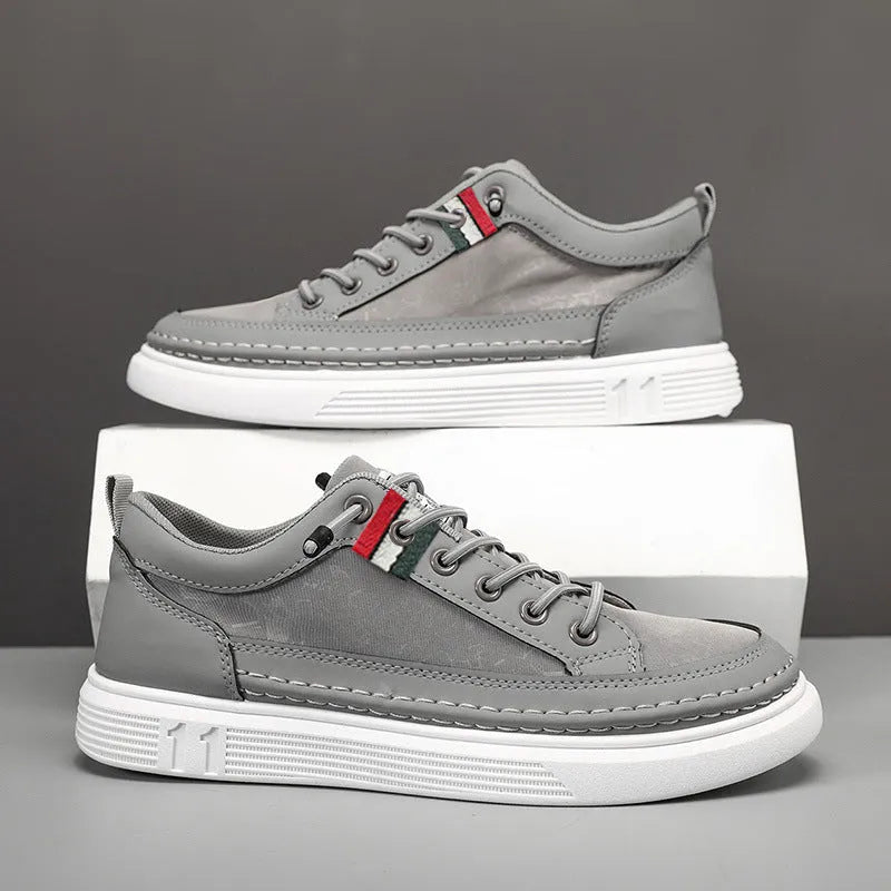 Grey men's high-top canvas bandage sneakers with round toe and PVC sole on a white background