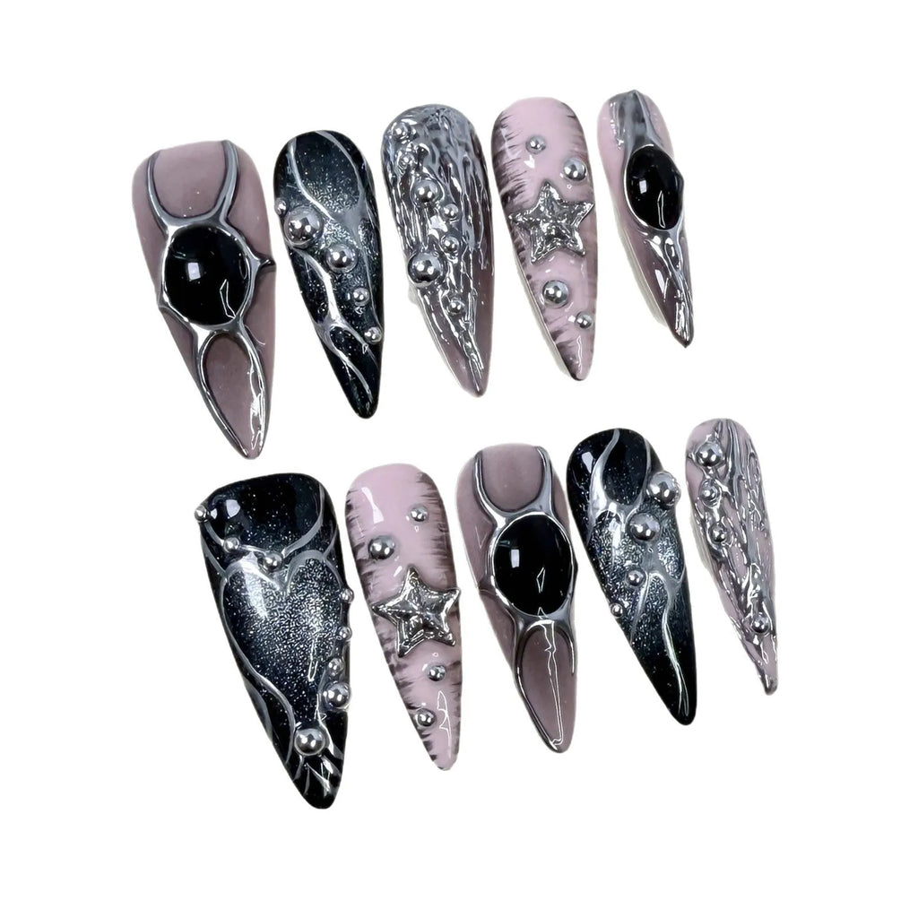 Long pointed press-on false nails with embossed relief and hand-painted metal detail in XS S M L sizes