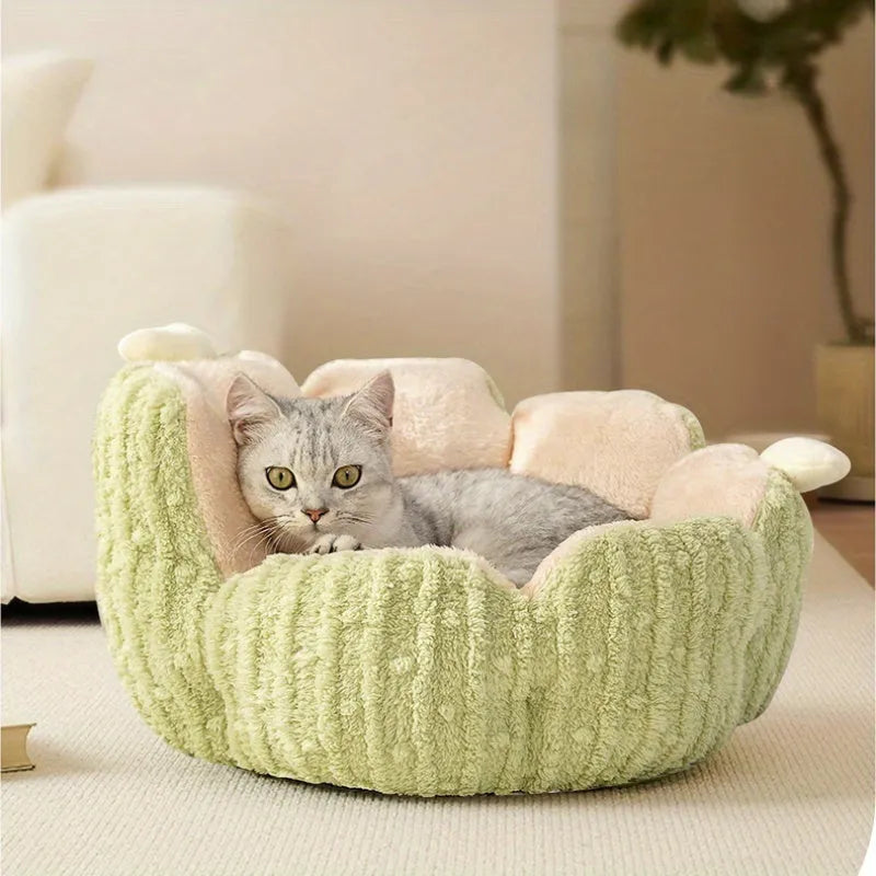 Green cactus-shaped soft pet kennel for cats with litter containment design