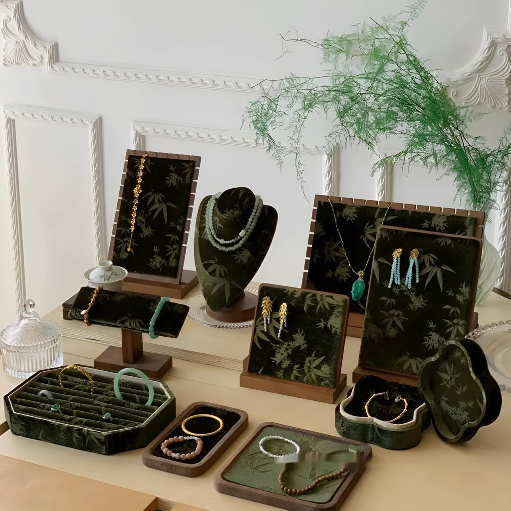 Solid wood walnut necklace display stand with hand-painted bamboo ink painting design