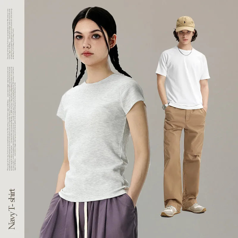 Slim fit men's or women's stretch top shown as a vest and short sleeve tee in beige, grey, and black colours.