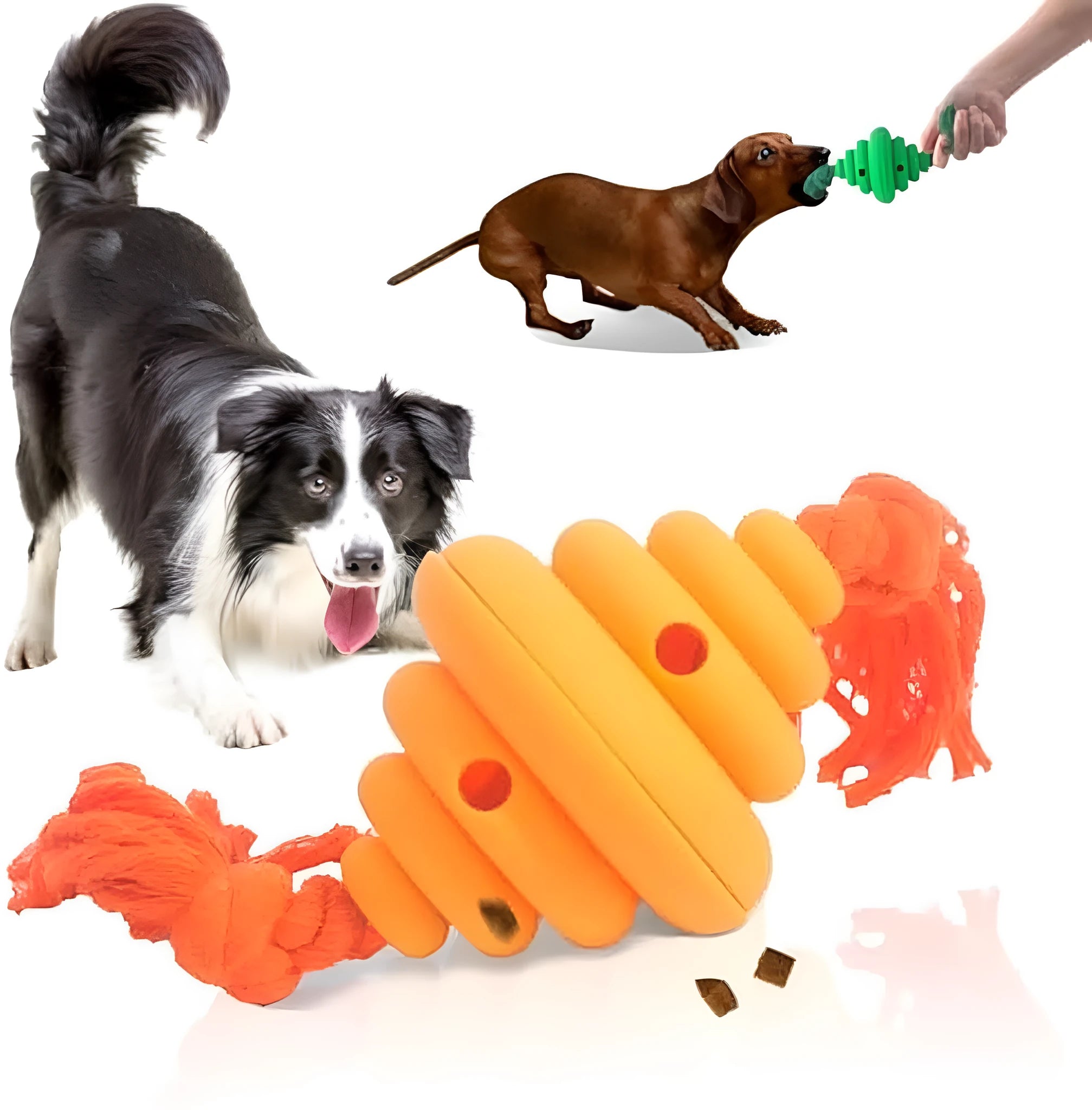 Green and yellow silicone dog ball with knotted rope attached, showing food dispenser openings.
