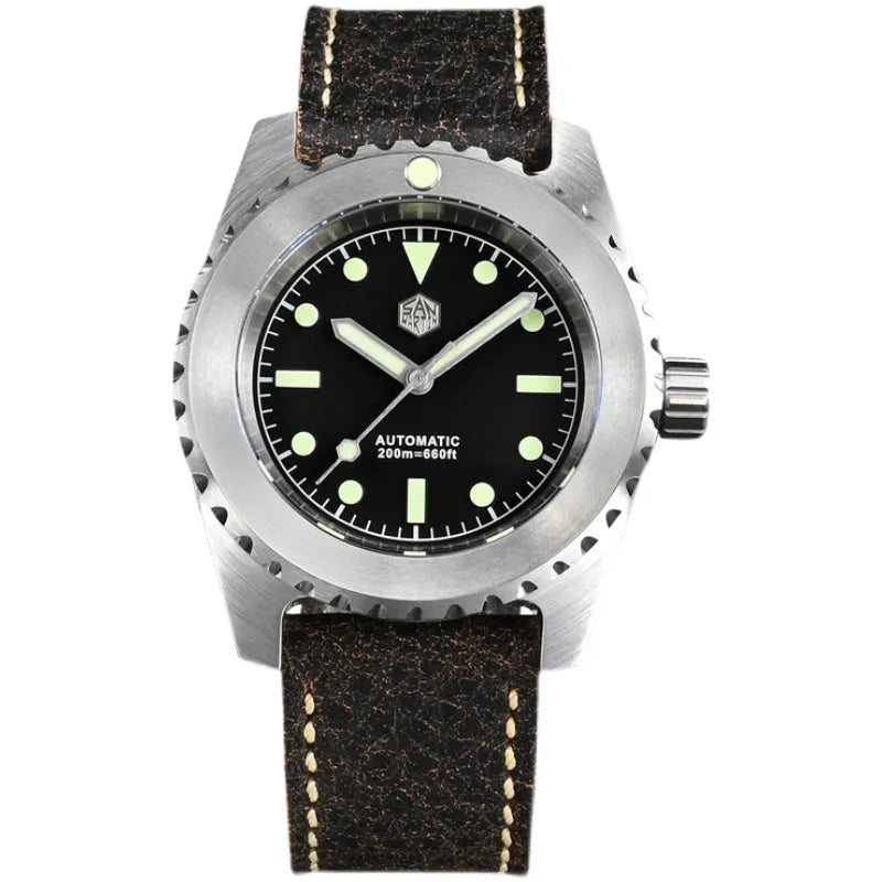 Men's 316L stainless steel diving automatic mechanical watch with black dial, luminous markers, and cowhide strap on white background