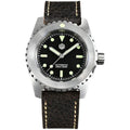 Men's 316L stainless steel diving automatic mechanical watch with black dial, luminous markers, and cowhide strap on white background