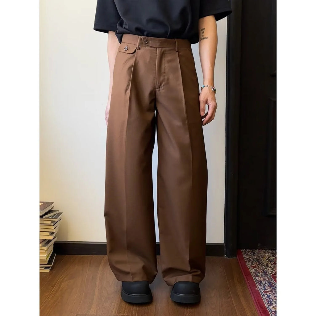 Men's solid colour drape casual trousers with straight-leg loose fit in polyester blend fabric
