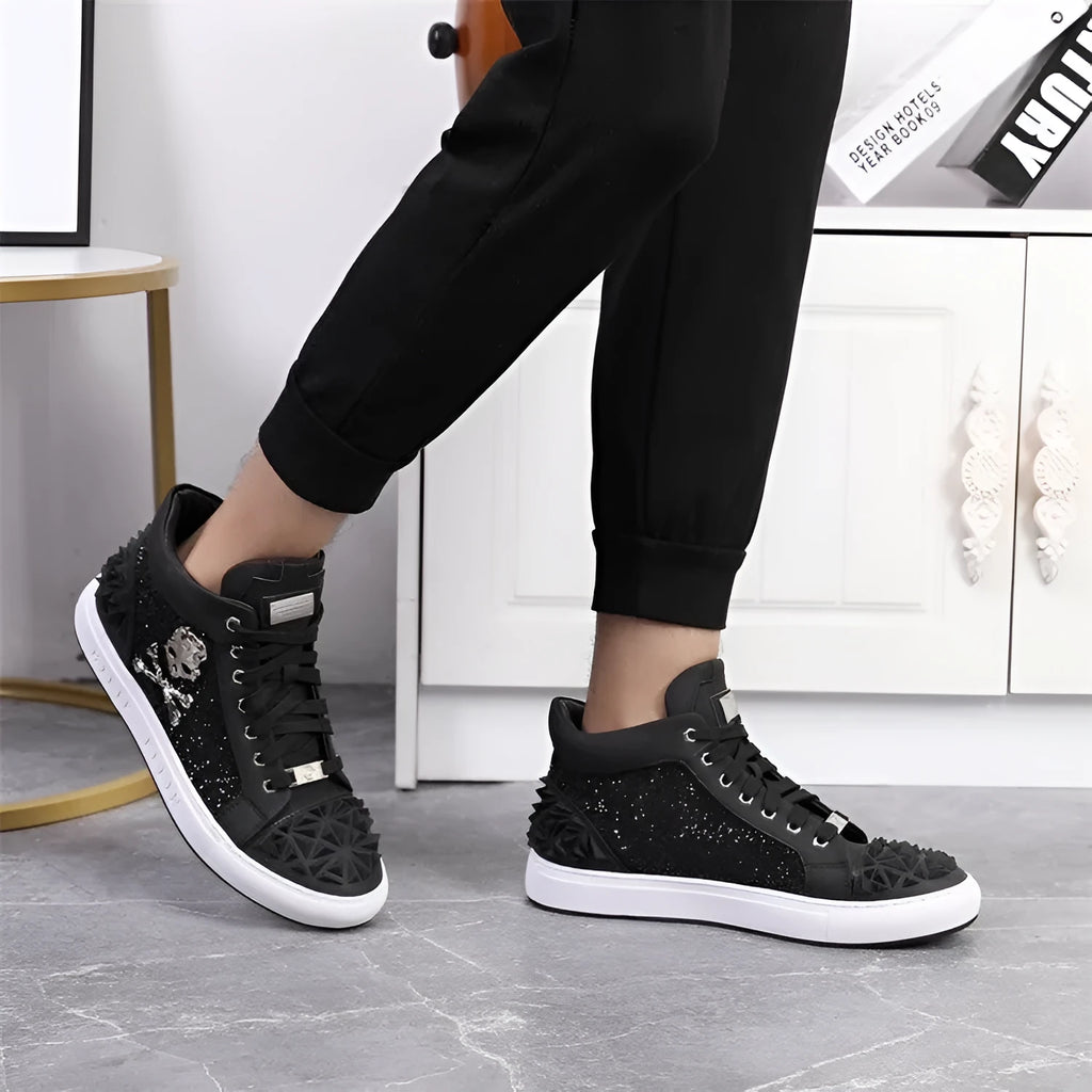 Men's black leather high top skeleton shoes with a lace-up front and rubber sole.