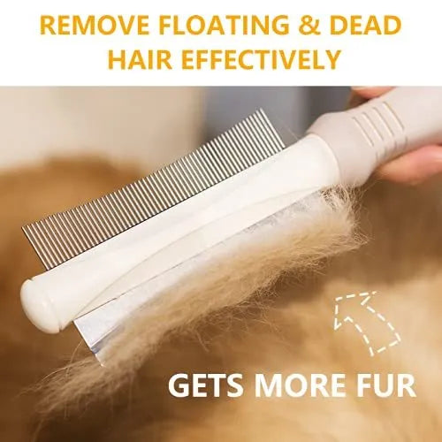 White double-sided dog and cat grooming brush with comb and deshedding head on a comfort-grip handle