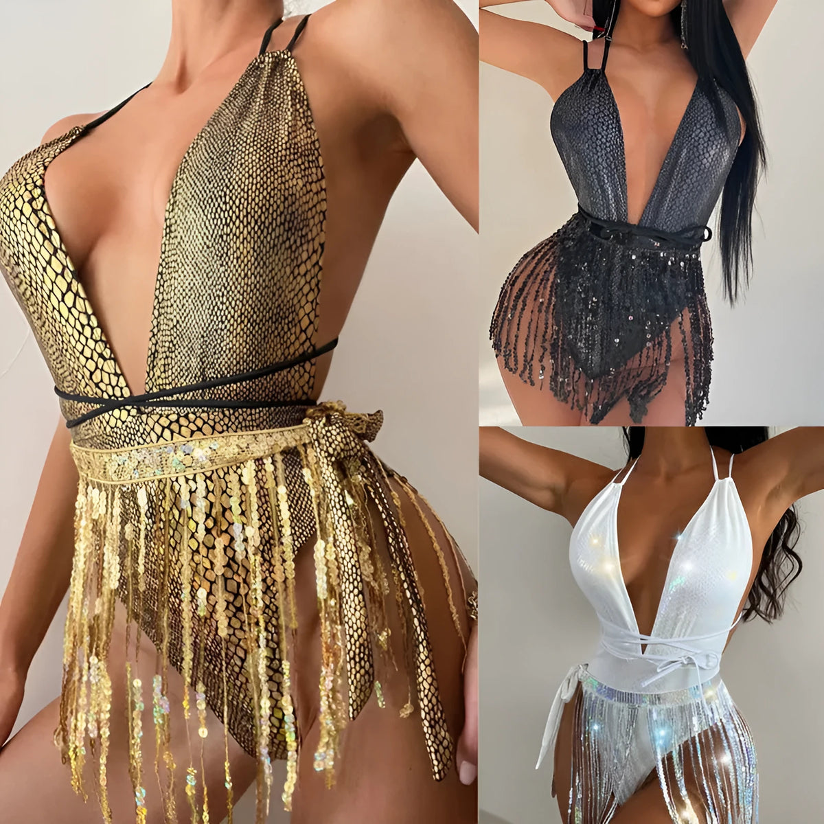 Hot Girl Tassel One-piece Swimsuit solid colour backless high elasticity swimwear gold