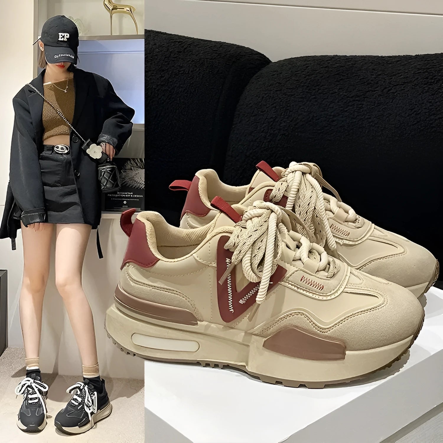 Women's retro platform sports shoes in artificial PU with rubber sole and lace-up front