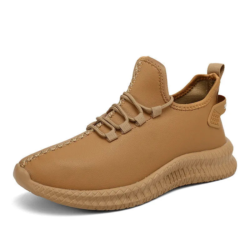 Men's sports casual low top artificial leather shoes in black, brown, green, and white on a white background