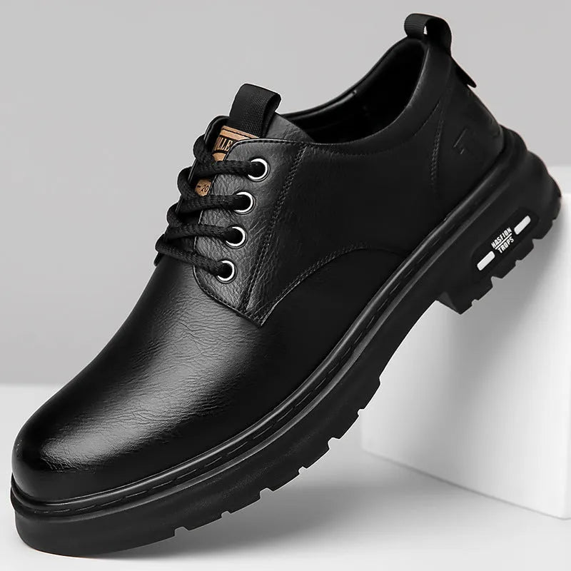 Men's black retro casual shoes with round toe, flat square heel, and decorative stitching on the PU upper.