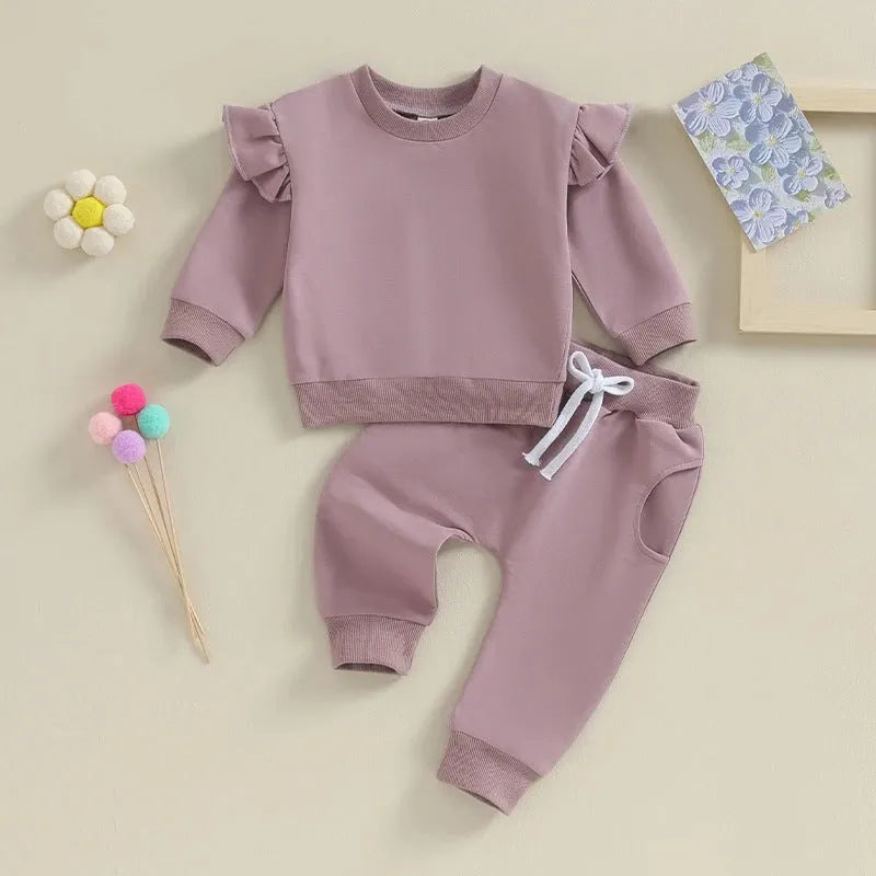 Boys solid colour long sleeve polyester sweater and trousers set, two-piece pullover outfit for 0-24M