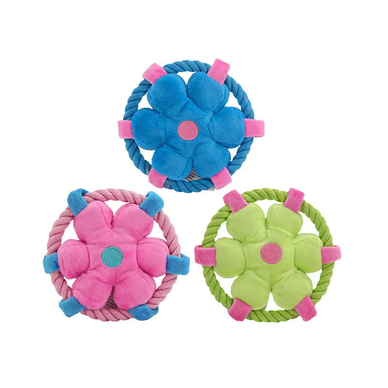 Three funny pet toy animal-shaped chew toys for dogs in blue, green, and pink colours