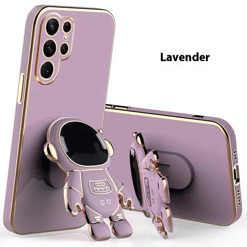 Electroplated 6D astronaut bracket phone case for Samsung S22 Ultra in black, showing built-in kickstand