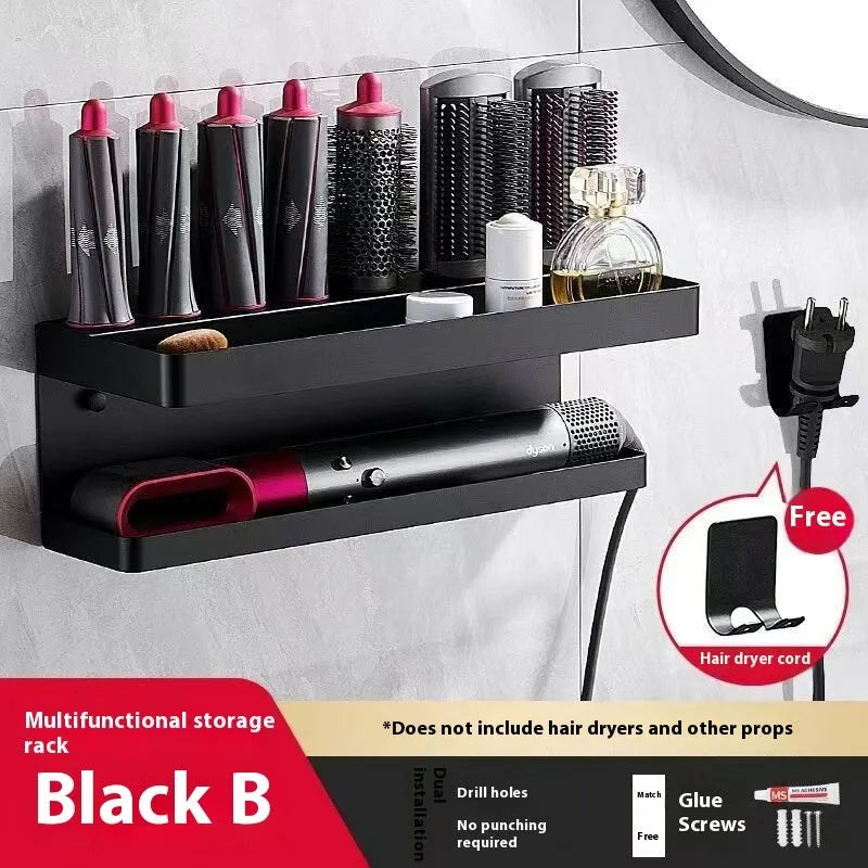 White double-layer aluminium punch-free wall rack holding Marcel Waver curling irons.