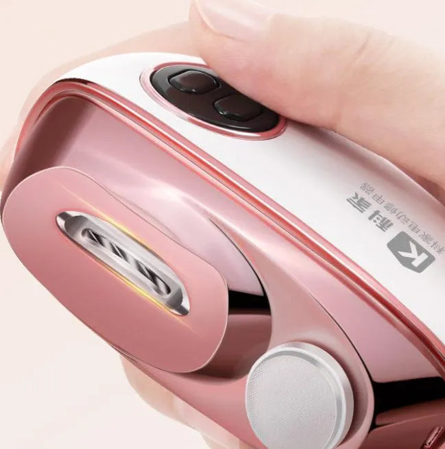 Blue automatic electric nail clipper and polisher with USB Type-C charging cable and cleaning brush.