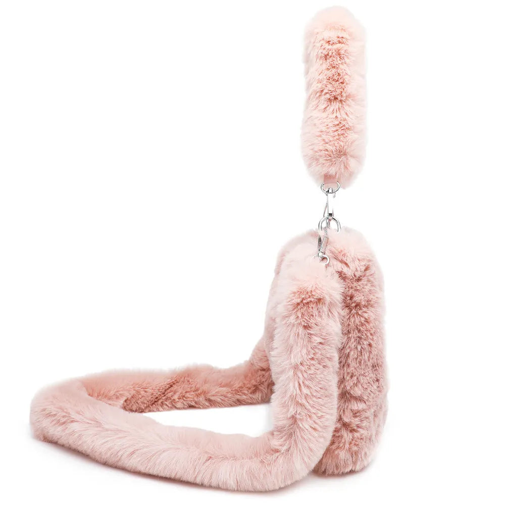 Women's fluffy plush shoulder bag in brown with detachable top handle and shoulder strap on a white background