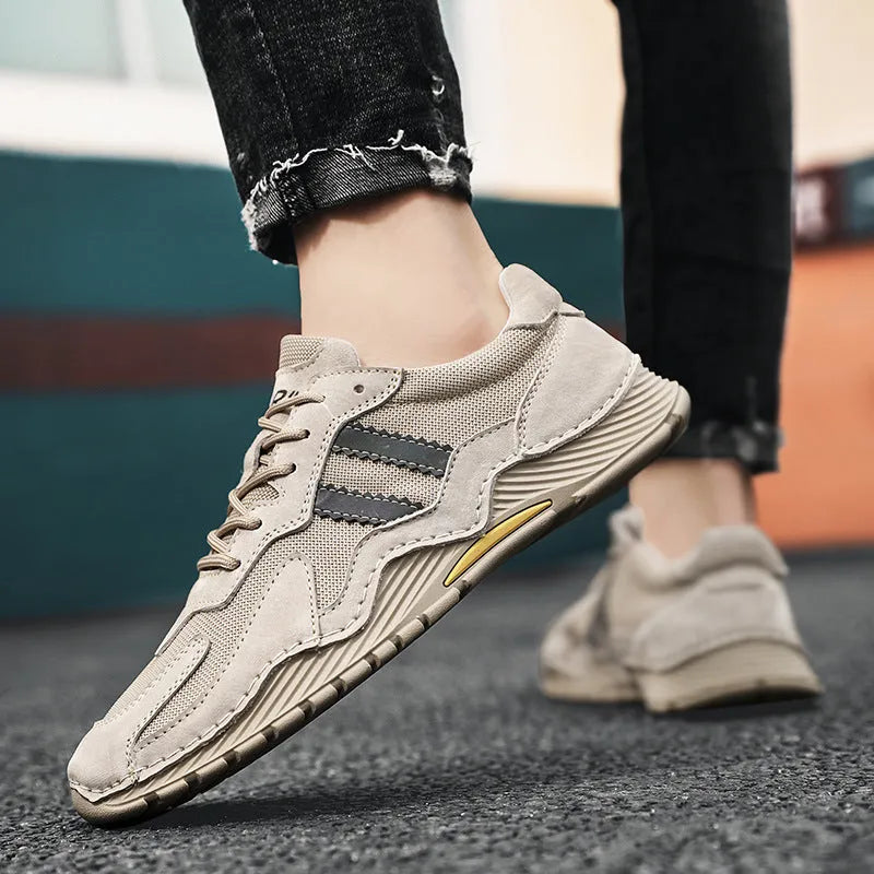 Men's grey platform hiking boots with pigskin upper and lace-up front closure