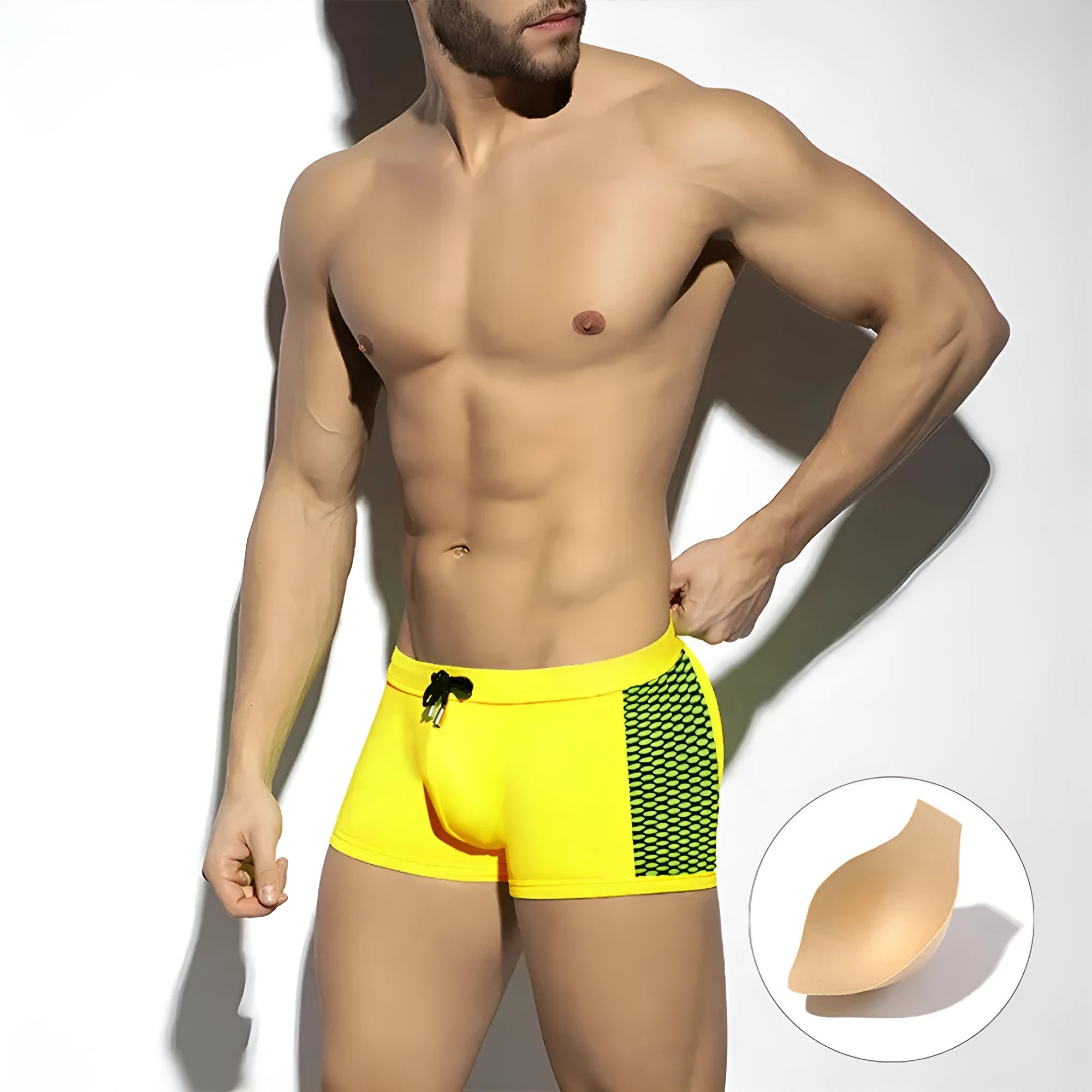 Men's polka dot print quick-dry swimming boxers in black, dark blue, and yellow colour options.