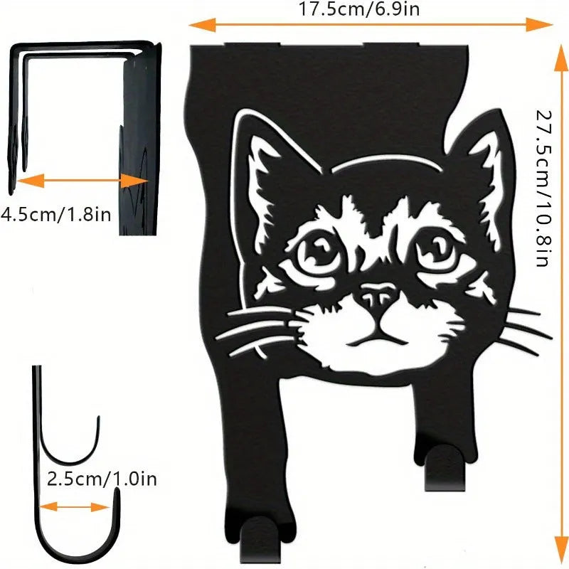 Black iron cat-shaped wall hook with punch-free mounting system