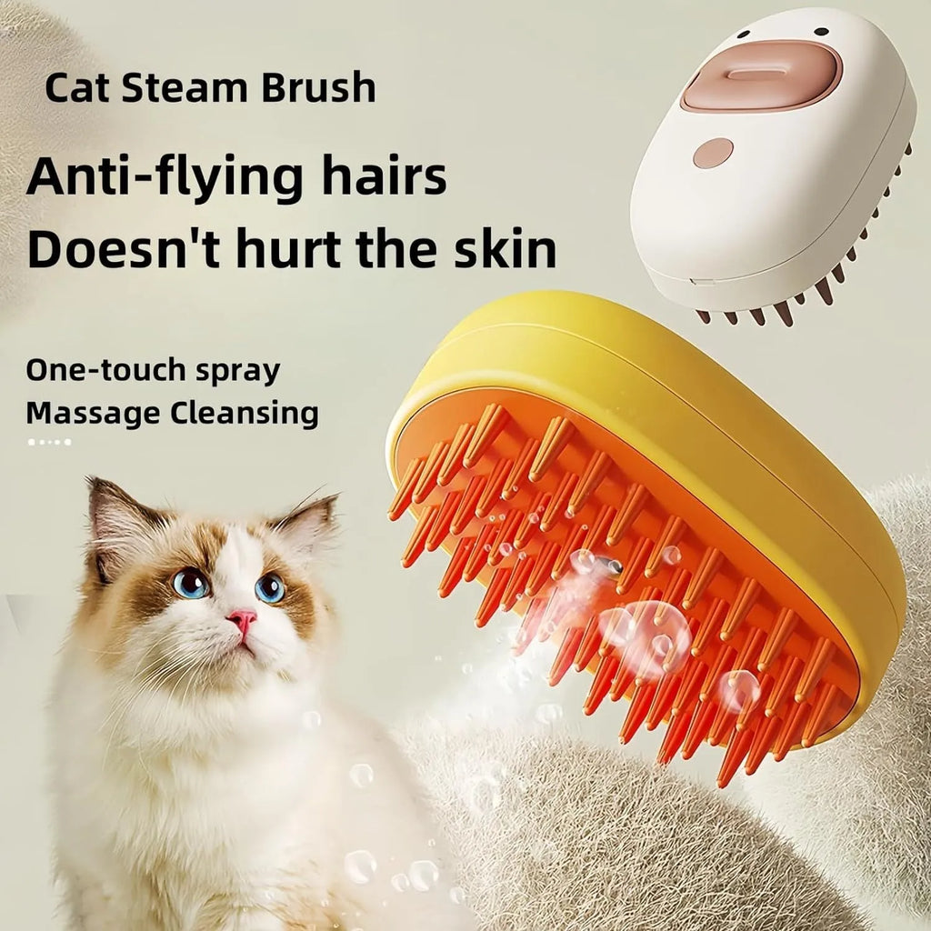 White and yellow pet steam brush with rubber comb teeth and water tank for cats and dogs