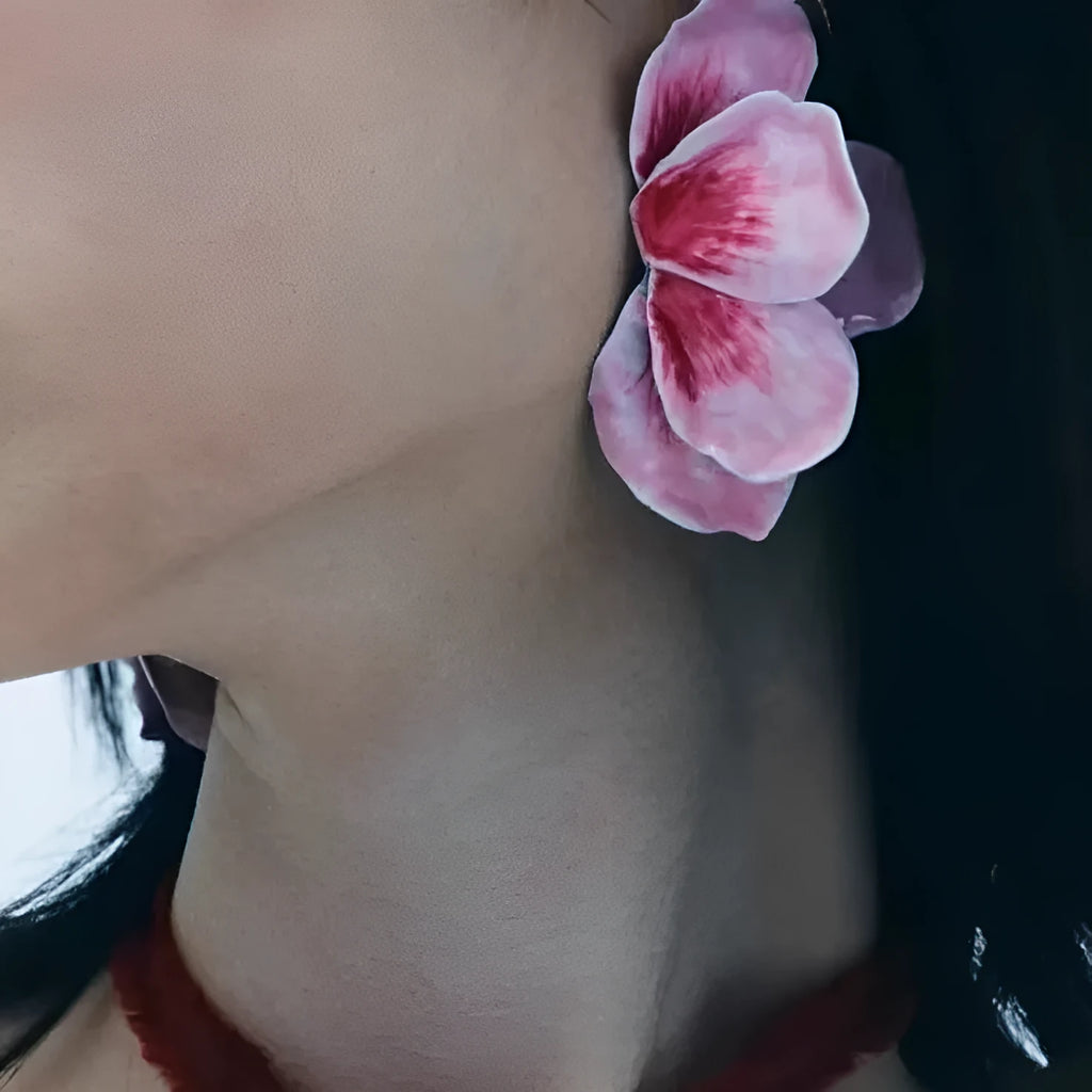 Alloy electroplated flower stud earrings with oil-spot glaze finish in four colour options