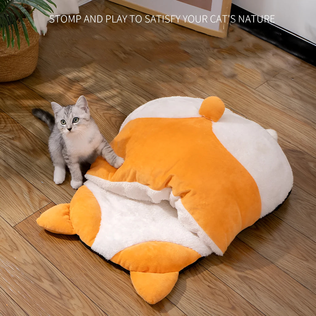 Orange semi-closed cat sleeping bag with plush texture, 65x53x12cm, on a wooden floor