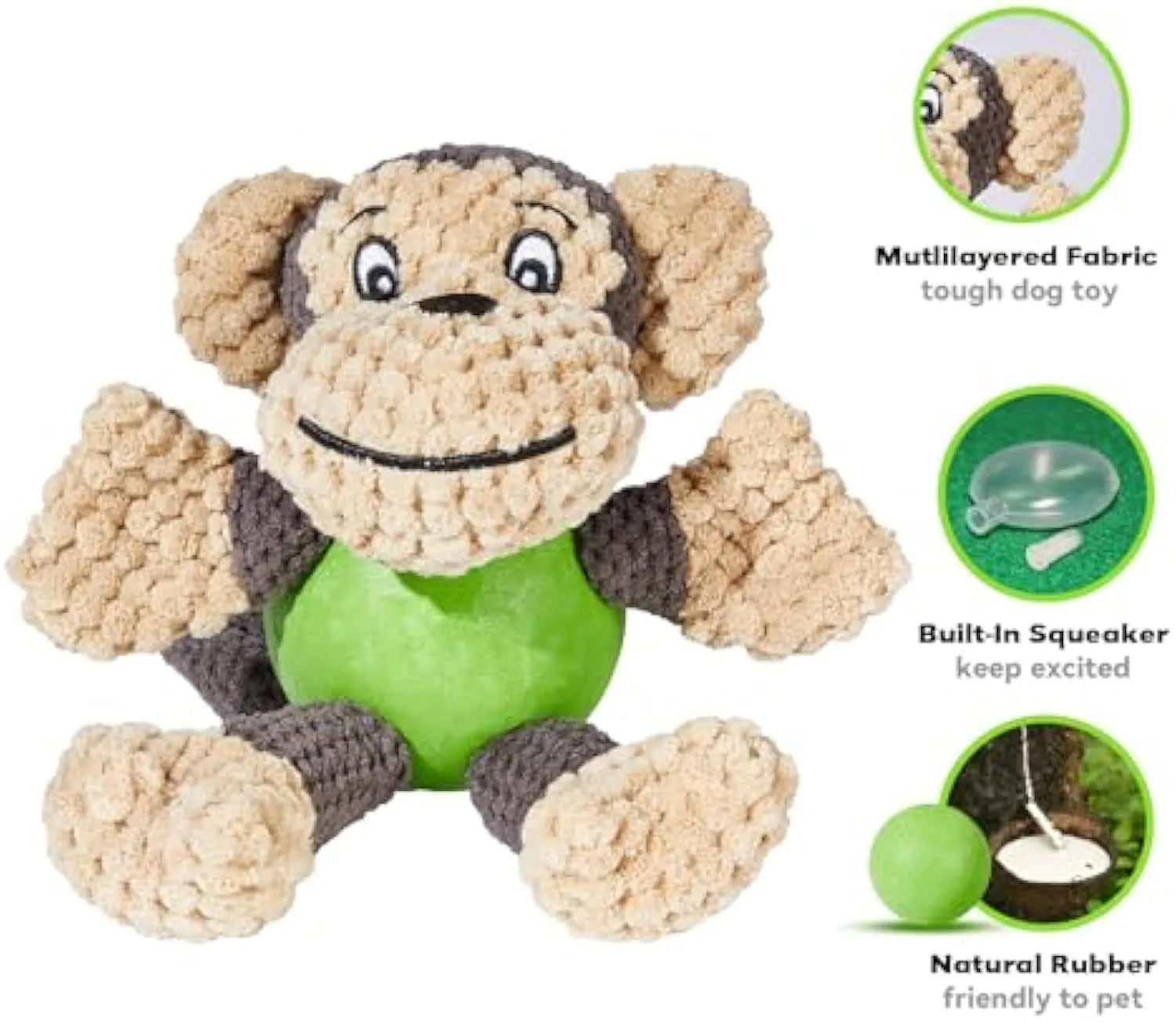 Cartoon monkey plush dog toy with squeakers for small to medium dogs
