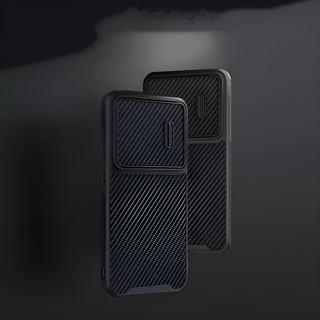 Black Samsung S23 Ultra mobile phone case with integrated lens push cover showing TPU, PC, and carbon fibre construction