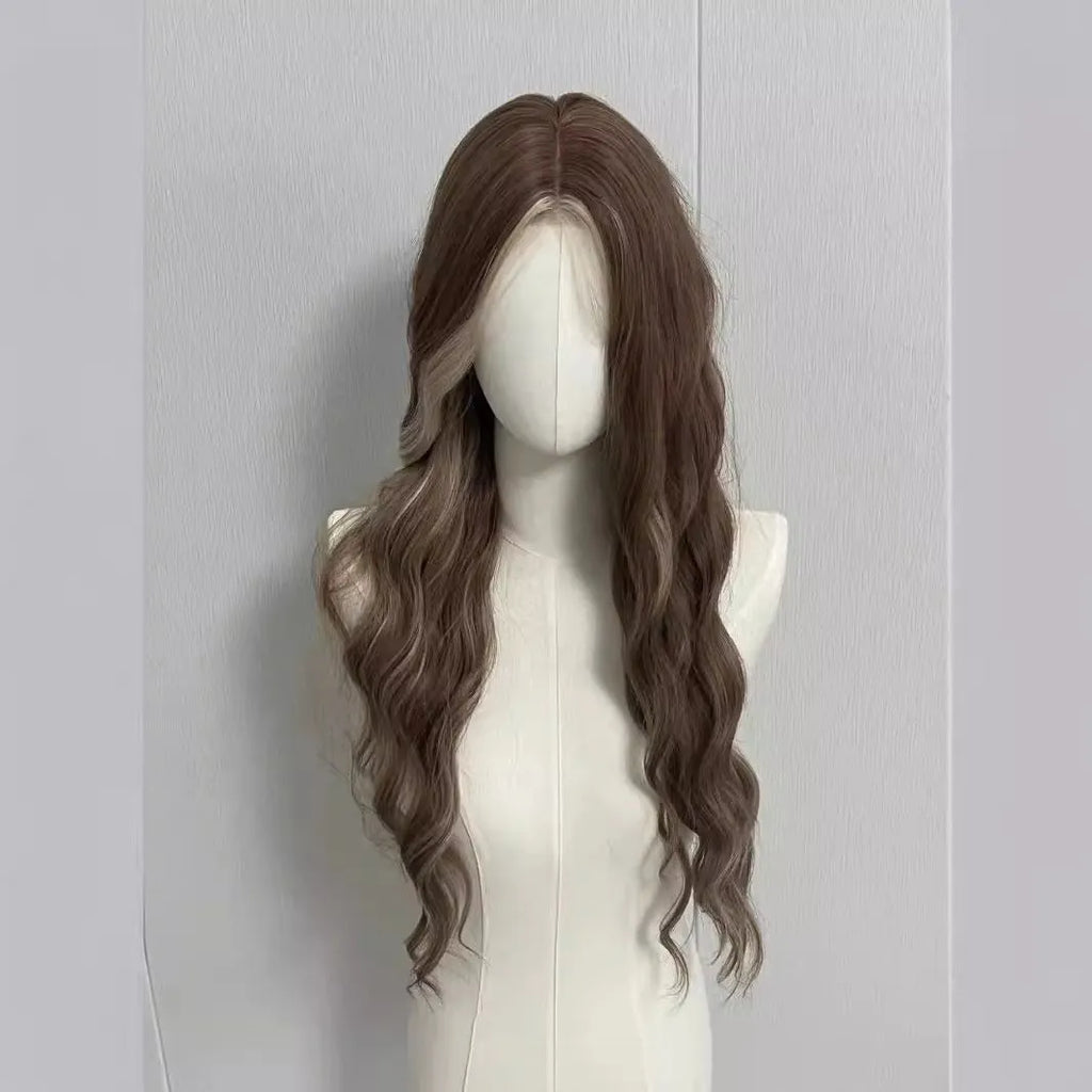 Long curly gray golden highlight synthetic wig with lace front design, shown with a hair net.
