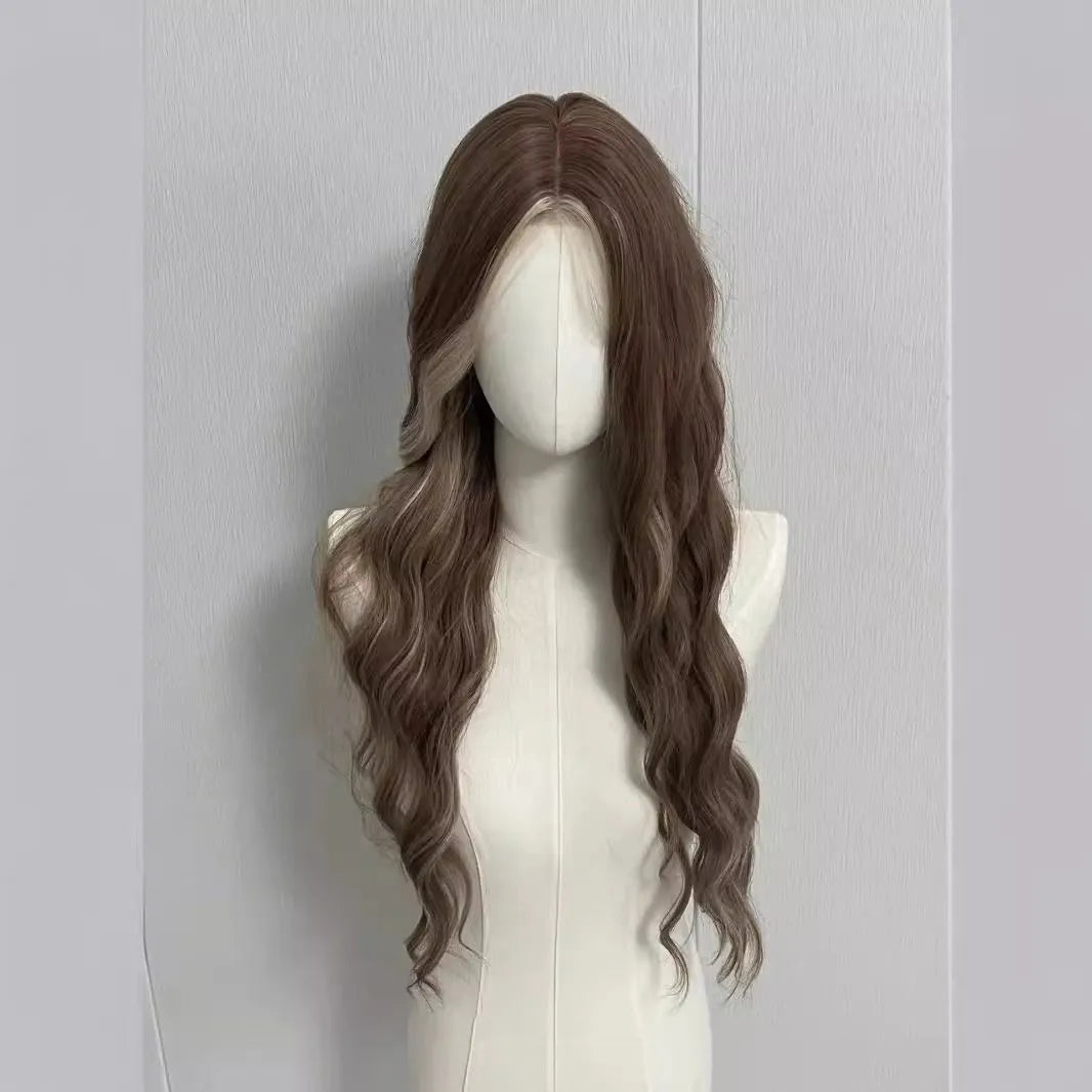 Long curly gray golden highlight synthetic wig with lace front design, shown with a hair net.