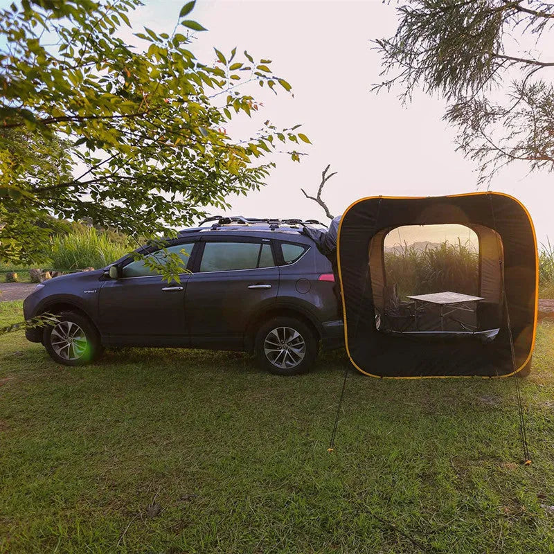 Black pop-up outdoor camping car tail tent with quick-throw design unfolded to 200x200x200cm size