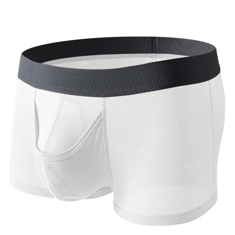 Men's ice silk boxer low waist breathable mesh knitted nylon underpants solid colour black gray white